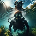 Scuba diver explores the crystal clear, shallow river waters Royalty Free Stock Photo