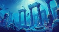 A scuba diver explores a sunken city on the bottom of the ocean. A woman floats above ancient old architecture columns Royalty Free Stock Photo