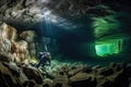 scuba diver exploring the depths of an underwater cavern, surrounded by stunning rock formations