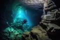 scuba diver exploring the depths of an underwater cavern, surrounded by stunning rock formations