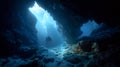 Scuba diver exploring a majestic underwater cave with dramatic light rays, deep blue water Royalty Free Stock Photo