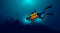 Scuba diver exploring the seabed. Underwater archaeologist found an ancient jug underwater. Oxygen cylinders on the back of the