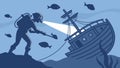 Scuba diver exploring a sunken shipwreck, underwater historical adventure. vector design Generative AI Royalty Free Stock Photo