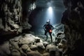 Scuba diver exploring underwater cave. Diving in underwater cave. Generative AI Royalty Free Stock Photo