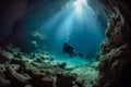 Scuba diver exploring underwater cave. Diving in underwater cave. Generative AI Royalty Free Stock Photo