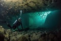 scuba diver exploring underwater cavern, with schools of fish swimming in the background Royalty Free Stock Photo