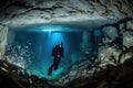 scuba diver exploring underwater cavern, with schools of fish swimming in the background
