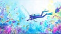 Scuba diver exploring a vibrant coral reef teeming with colorful fish. Concept of underwater adventure, marine