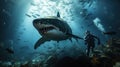 a scuba diver feed a very big tiger shark. concept of travel and diving tools. love for nature Royalty Free Stock Photo