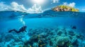 Scuba diver floating in underwater with Beautiful Coral reef, sea waterline image AI generated