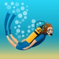 Scuba diver floats in water.. Vector