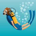 Scuba diver floats in water.. Vector