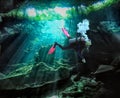 A Scuba Diver Follows a Guideline in a Mexican Cenote Royalty Free Stock Photo