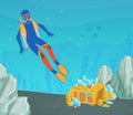 Scuba Diver Found Open Treasure Chest of Gold at the Bottom of the Sea, Lost Pirate Treasures Cartoon Vector