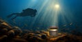 Scuba diver found treasure chest sunken at the bottom of the sea Royalty Free Stock Photo