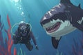 scuba diver and friendly shark cartoon illustration Generative AI