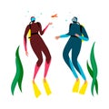 Scuba diver girl and man swimming underwater and diving in deep-sea or ocean. Vector illustration in the flat cartoon