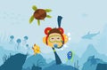 Scuba Diver Man Diving With Big Turtle At The Bottom Of The Sea With Underwater Vegatation Vector Illustration Graphic