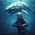 Scuba Diver Meets the King of the Ocean: Shark Encounter. Generative ai
