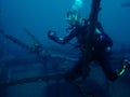 scuba diver photographing Frog fish Philippines