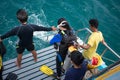 Scuba diver preparing jump to the sea for scuba diving test