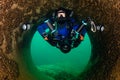 Scuba diver with a rebreather, drysuit and camera swimming through an underwater tunnel Royalty Free Stock Photo