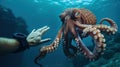 a scuba diver's hand reaching out to touch a curious octopus Royalty Free Stock Photo