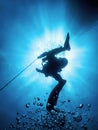 Scuba Diver at Safety Stop Underwater Bubbles Royalty Free Stock Photo