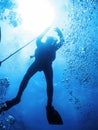 Scuba Diver at Safety Stop Underwater Bubbles Royalty Free Stock Photo