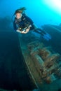 Scuba diver on ship wreck Royalty Free Stock Photo