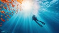 A scuba diver is surrounded by a school of fish, AI Royalty Free Stock Photo