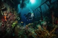scuba diver swimmig through underwater garden, surrounded by vibrant and colorful marine life