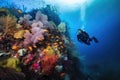 scuba diver swimmig through underwater garden, surrounded by vibrant and colorful marine life
