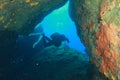 Diver swimming thru a cave