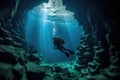 a scuba diver swimming through an underwater cave formation