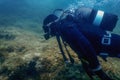 Scuba Diver Swimming Underwater Explores Reef