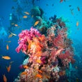 A scuba diver swimming underwater with fishes