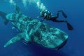 Scuba diver swimming with a whale shark in the blue ocean Royalty Free Stock Photo