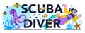 Scuba diver typographic header. Diver swimming with aqualungs Royalty Free Stock Photo