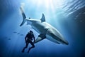 Scuba diver underwater with shark, Generative AI Royalty Free Stock Photo