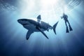 Scuba diver underwater with shark, Generative AI
