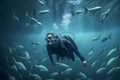 Scuba diver underwater with sea creatures, Generative AI