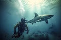 Scuba diver underwater with shark, Generative AI