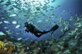 Scuba diver underwater with sea creatures, Generative AI