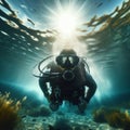 Scuba diver explores the crystal clear, shallow river waters Royalty Free Stock Photo