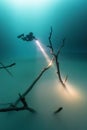 Scuba diver wearing a full-face mask and fins is exploring a driftwood structure underwater Royalty Free Stock Photo