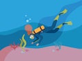 Scuba diver in wetsuit with oxygen cylinder flat vector illustration. Woman snorkeling underwater cartoon character Royalty Free Stock Photo