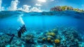 Scuba diver woman diving near beautiful colorful coral reef in the sea underwater AI generated Royalty Free Stock Photo