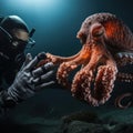 a scuba diver& x27;s hand reaching out to touch a curious octopus Royalty Free Stock Photo