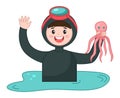 Scuba diver young man over water cartoon vector character holding pink octopus waving hand